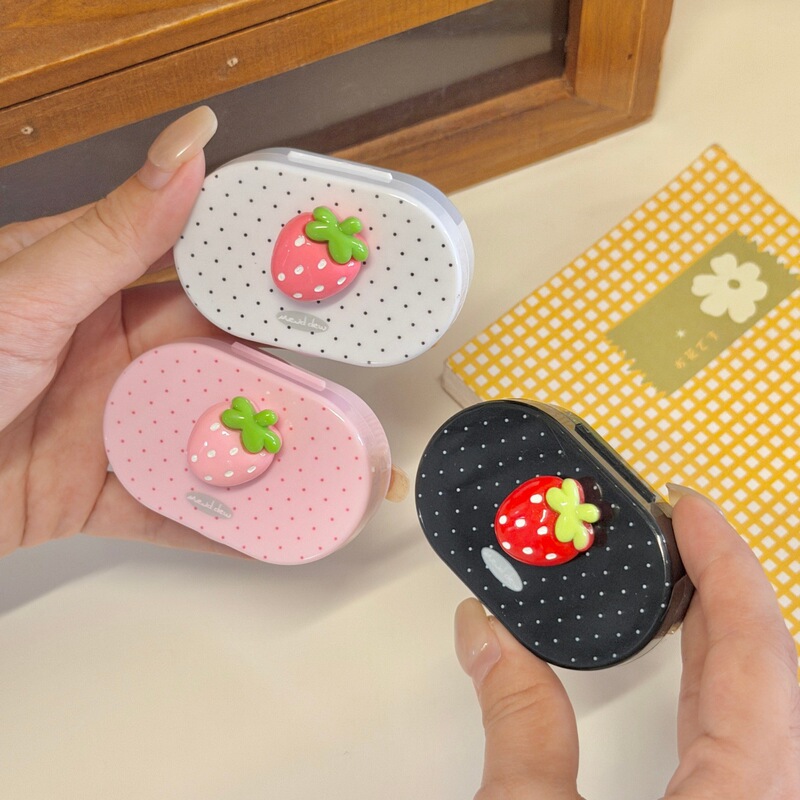 Fish-Shaped Contact Lens Case with Mirror, Simple Beauty Lens Case, Companion Care Box, Polka Dot B128-10 Strawberry