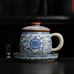 汝窑青花缠枝莲陶瓷泡茶杯马克杯带盖过滤个人办公室喝水杯伴手礼