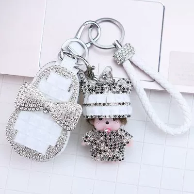 Diamond-embedded monqi car car Static Rod/Key Bag - white-three-piece-set