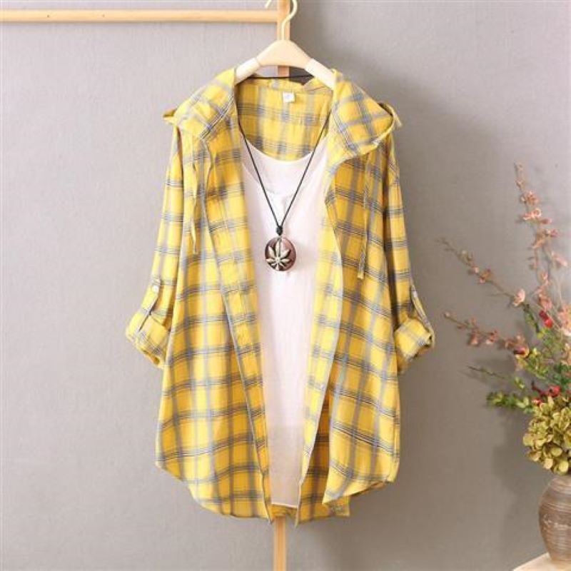 Sun Protection Clothing 2026 New Style Women's Hooded Plaid Long-Sleeve Loose Shirt Korean Style Thin Jacket Shirt for Women