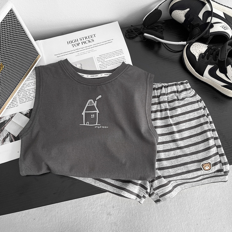 Boys' Summer Vest Set 2026 New Summer Style Children's Korean Cartoon Sleeveless Top and Shorts Two-Piece Trendy Set