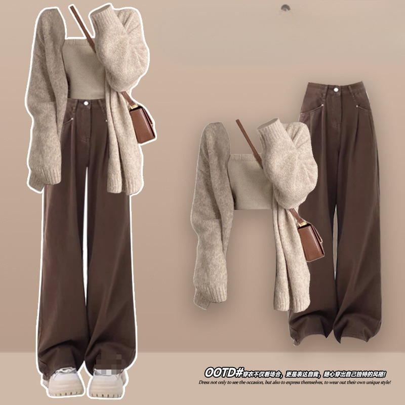 Spring Outfit Set for Women 2026 New Style Knitted Cardigan Sweater Jacket Paired with Vest and Jeans Three-Piece Set