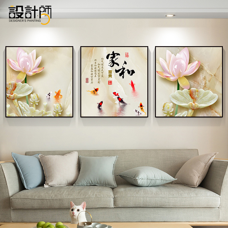 新中国式客間装飾画家と万事興ソファーの背景壁に花を掛けて富貴な寝室の三連壁画を描きます。|undefined