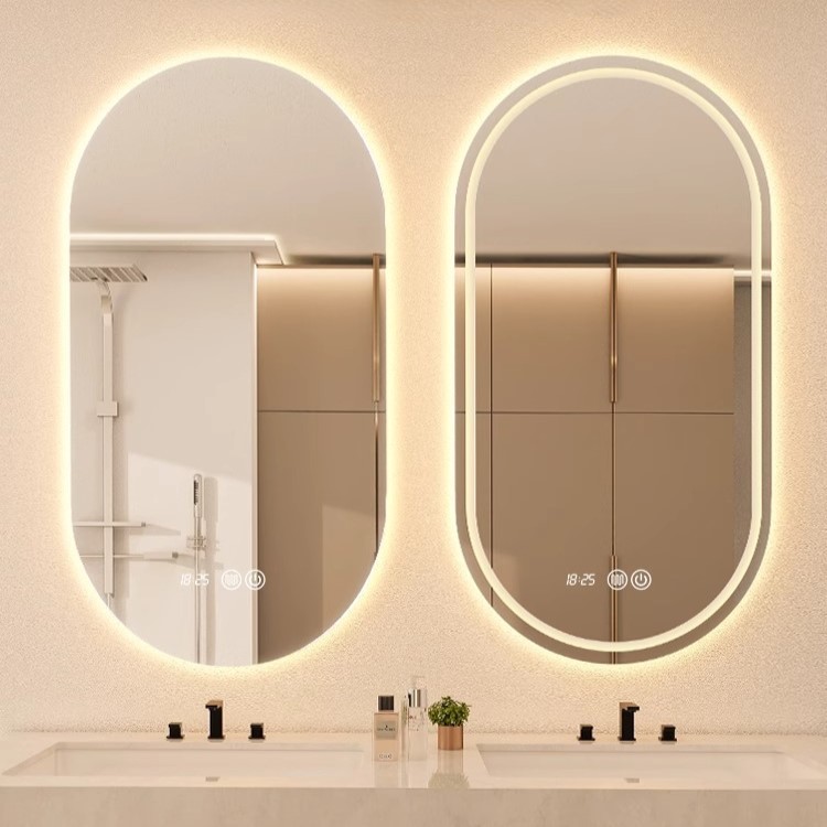 Espejo de baño inteligente oval colgado en la pared pantalla táctil led lavabo con lámpara de baño espejo de vestuario comercial