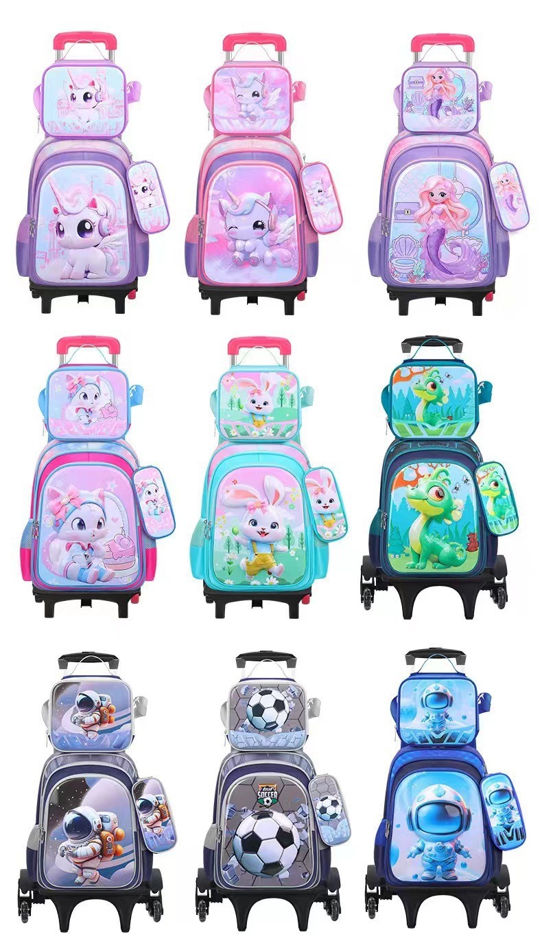 Los estudiantes de la escuela primaria de stock de fábrica pueden empacar mochilas escolares trolley, bolsas de almuerzo, bolsas de lápices, mochilas de dibujos animados lindos para niños de tres piezas