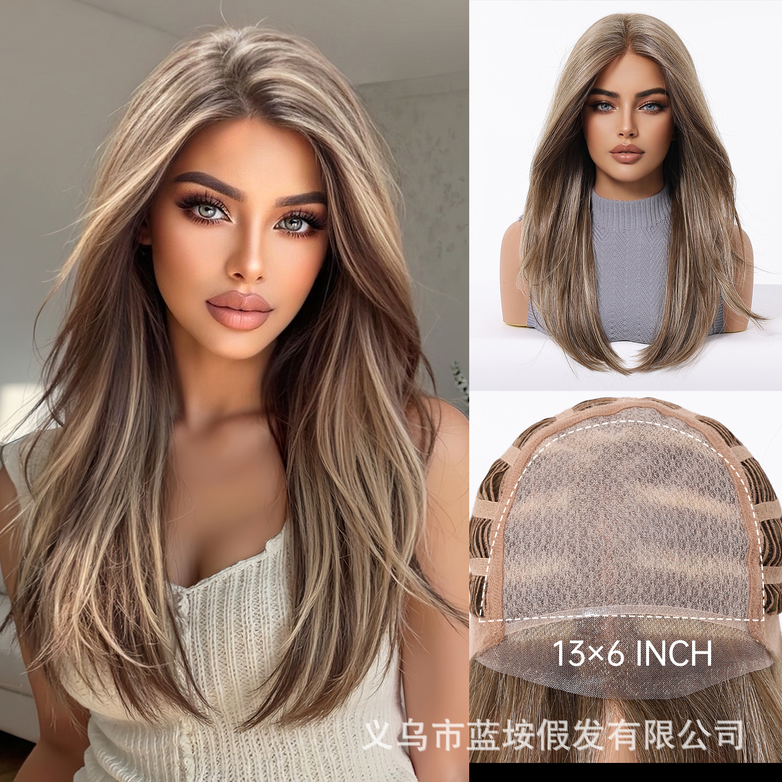 Nuevo MONO importado cabello de seda completa peluca libre de costura realista gradiente dorado cabello recto peluca mujer cubierta de cabeza