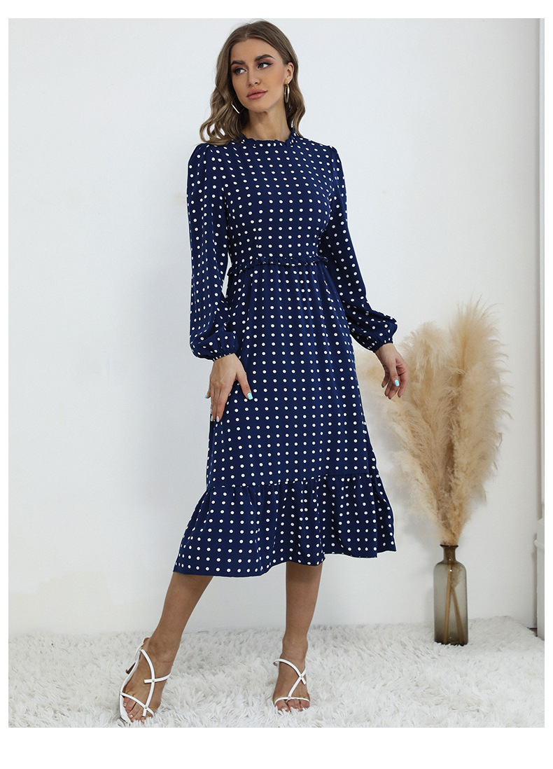 Women's A-line Skirt Vintage Style Round Neck Printing Long Sleeve Polka Dots Midi Dress Daily display picture 2