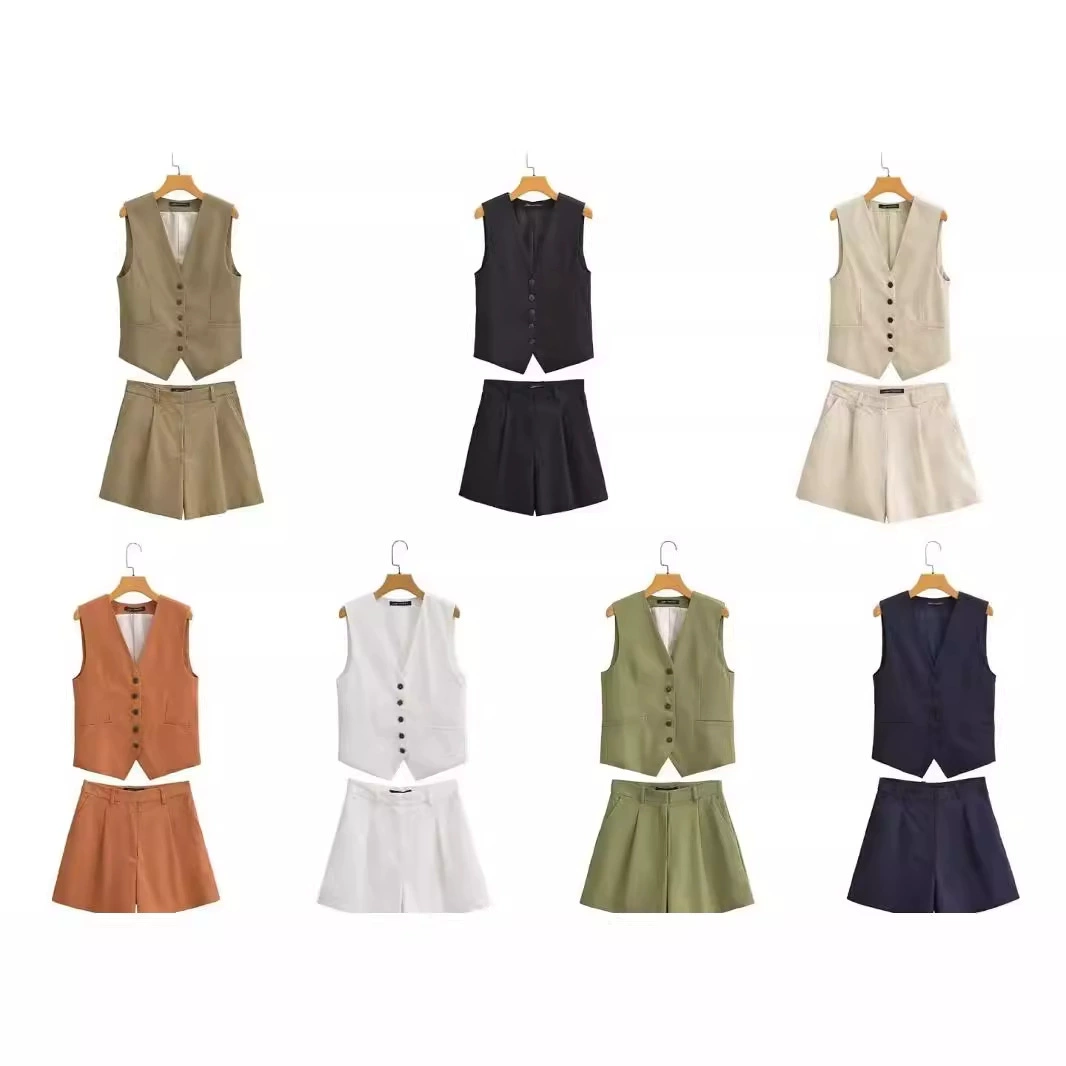 Трансграничная женская одежда оптом европейский и американский стиль льняной модный набор повседневный костюм с v-образным вырезом жилет шорты из двух частей летом