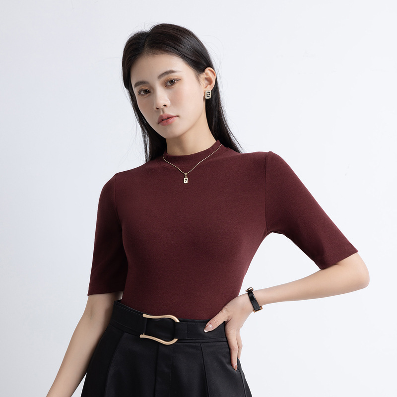 스레드 코튼 고탄성 하프 터틀넥 반소매 다크 레드