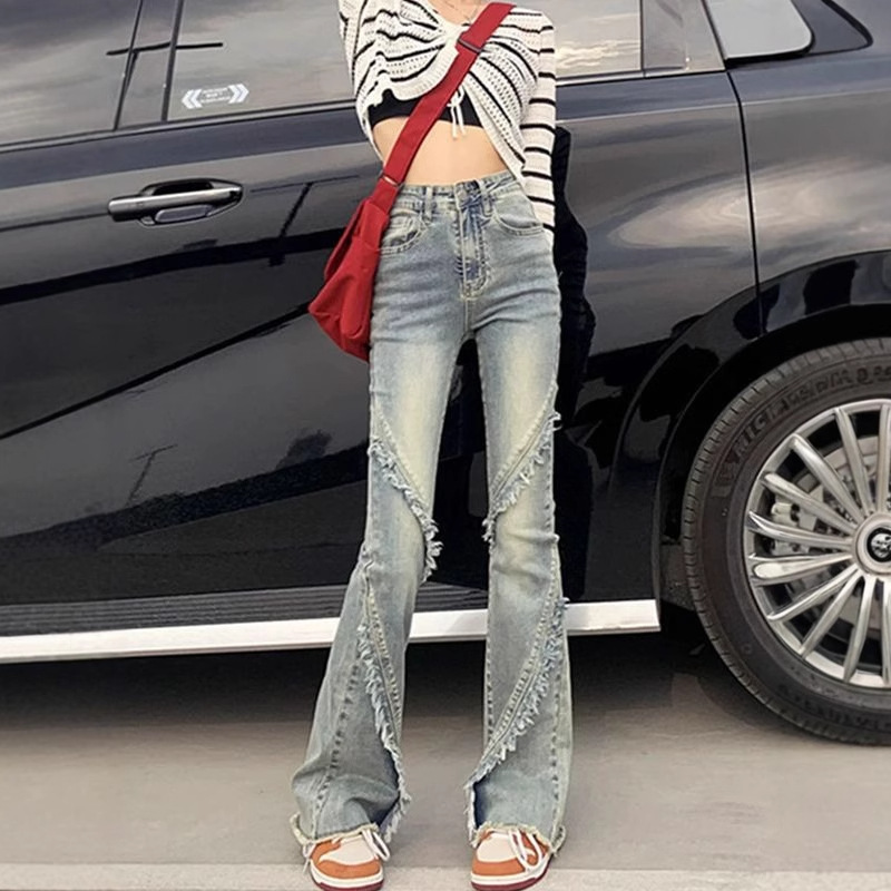 6700 여성용 로우 엣지 부츠컷 청바지 봄, 가을 새로운 미국 복고풍 말굽 바지 슬림핏 플레어 청바지