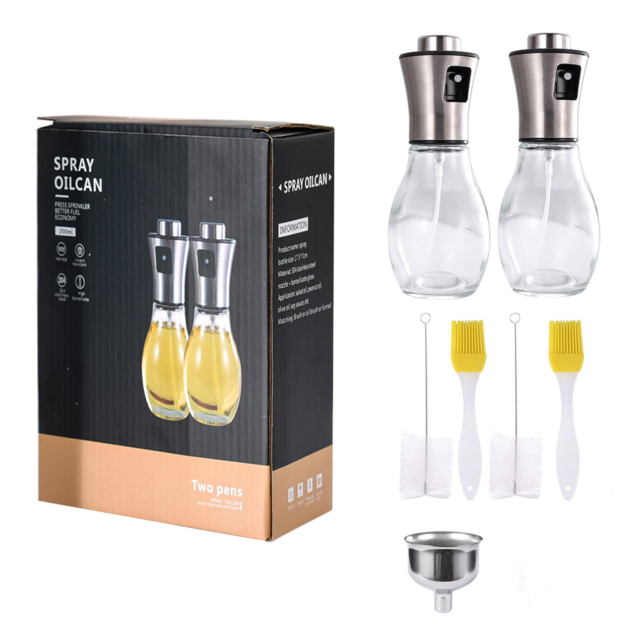 Juego de 2 botellas de aceite en aerosol de acero inoxidable 304, botellas de aceite en aerosol tipo prensa para barbacoa al aire libre, botellas de aceite verdes a prueba de luz.
