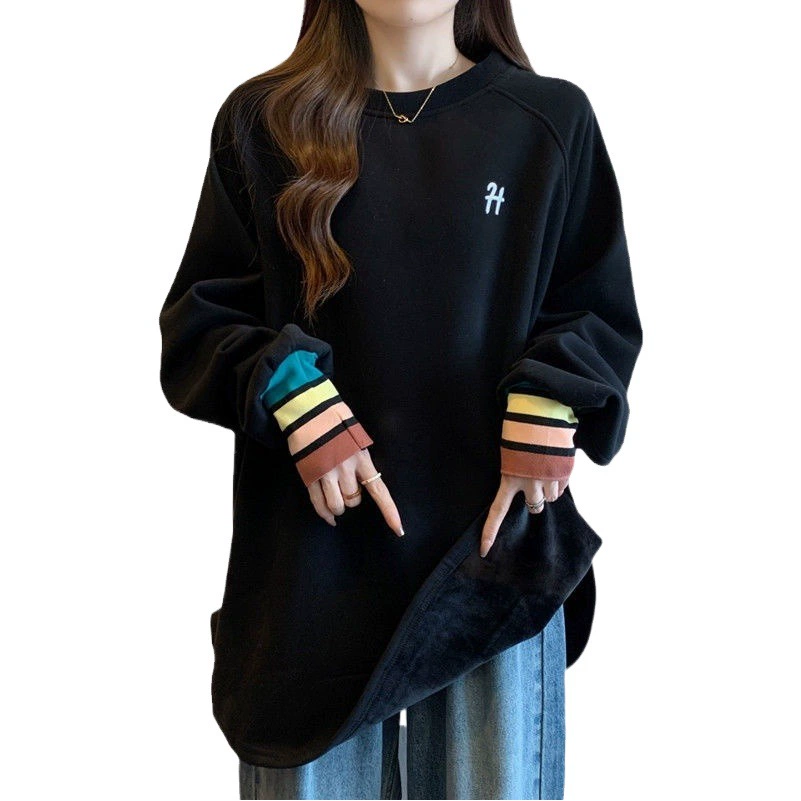 Бархатная утолщенная рубашка большого размера с наборным дном для женщин, Осень-зима, новый свободный облегающий теплый топ с длинными рукавами для женщин на флисовой подкладке