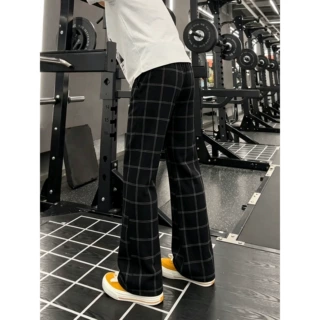 春秋季新款灯芯绒格子裤男士美式潮牌宽松垂感阔腿直筒运动休闲裤