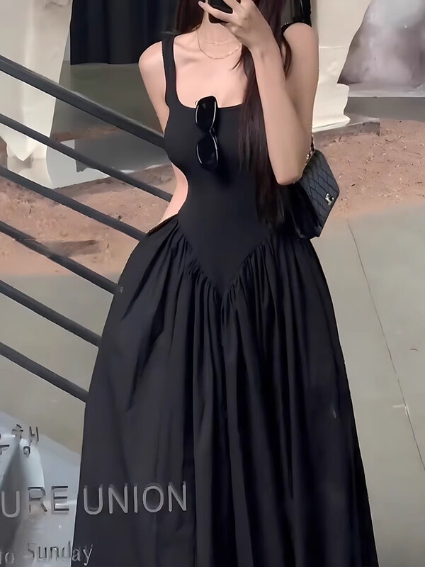 French Tea Break Suspender Dress for Women Summer 2025 New High-End Elegant Waist Slimming Look Black Long Skirt French Tea Break Suspender Dress for Women Summer 2025 New High-End Elegant Waist Slimming Look Black Long Skirt