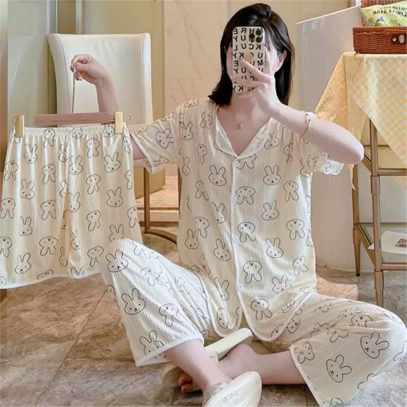 Летний детский комплект пижамы 3‑в‑1, корейский стиль, свободный крой, мультяшные принты, размеры M–L / XL–XXL