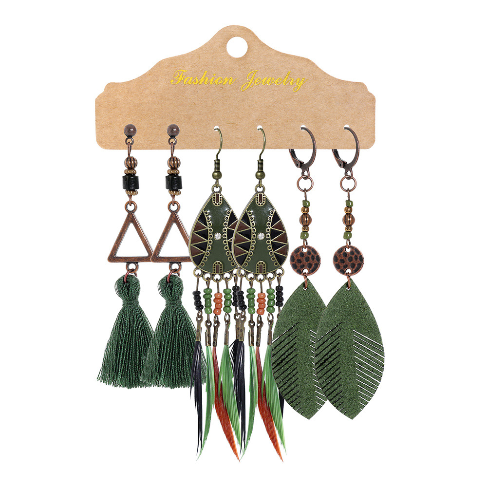 Vintage Earrings Set Combination Women's Ethnic Earrings Round Metal Tassel Earrings Cross-border Hand-woven Accessories