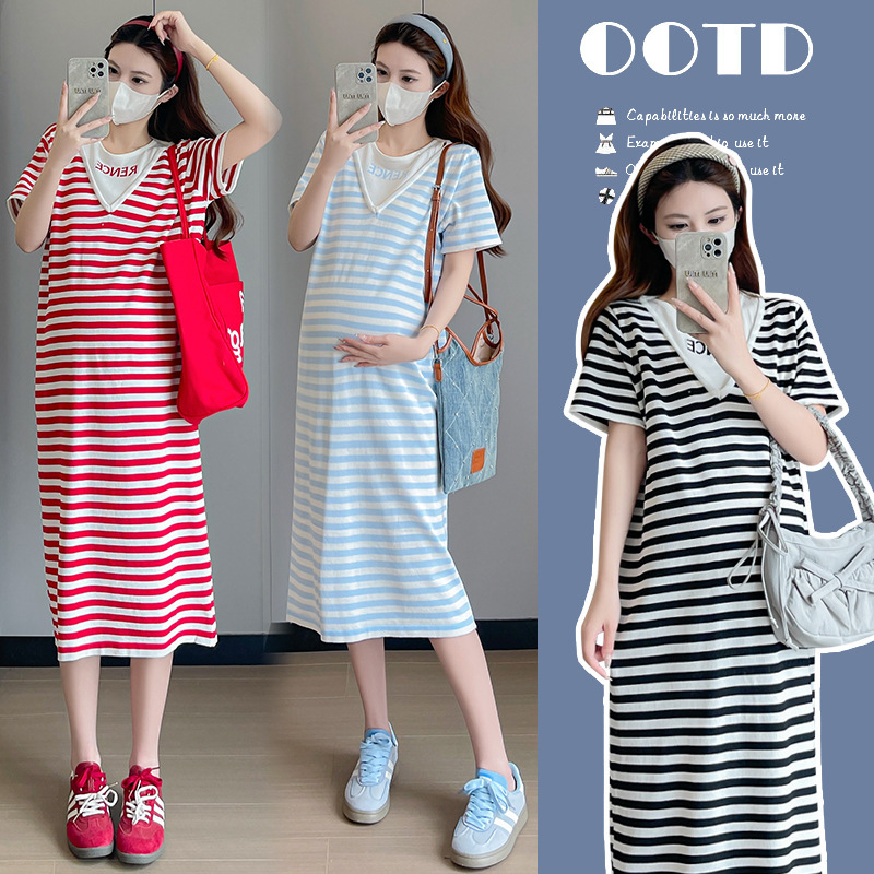 Real Shot of 2025 New Maternity Summer Knitted Striped Maternity Dress Casual Long Style