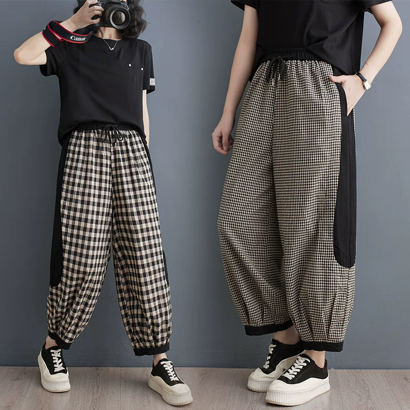 Летние ретро брюки, oversize, хлопок и лен, эластичная талия