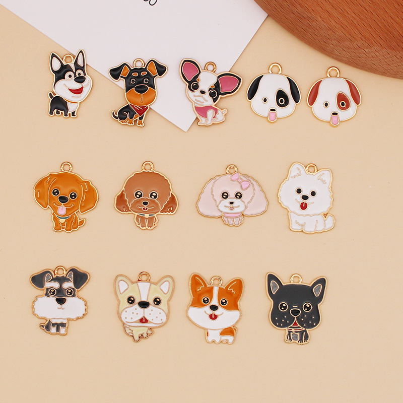 귀여운 만화 애완견 DIY 오일 드롭 쥬얼리 골든 리트리버 프렌치 불독 코기 귀걸이 펜던트 키 체인 펜던트 액세서리