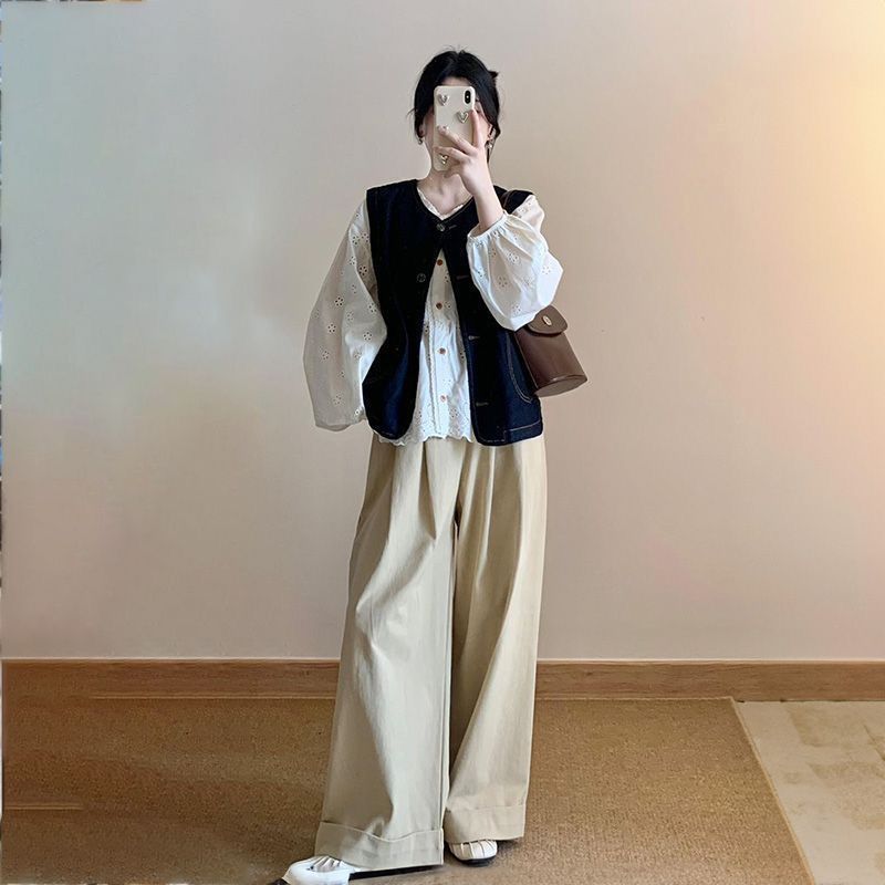 韩系时尚气质休闲牛仔背心马甲开衫+刺绣衬衫+宽松阔腿裤三件套装|undefined