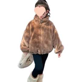 儿童加绒加厚仿貂绒皮草外套冬男女孩羊羔毛立领大衣保暖美拉德风