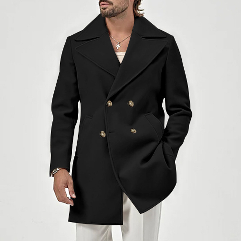 Men's suit collar medium length men's casual solid color versatile windbreaker coat_voghion.com