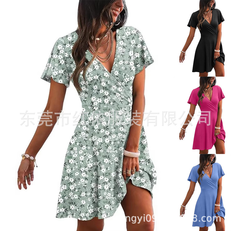 Women's Casual Dress Summer Amazon European and American Fashion New Wrap-Around V-Neck Ruffle Pleated Sleeve Midi Dress Women's Casual Dress Summer Amazon European and American Fashion New Wrap-Around V-Neck Ruffle Pleated Sleeve Midi Dress