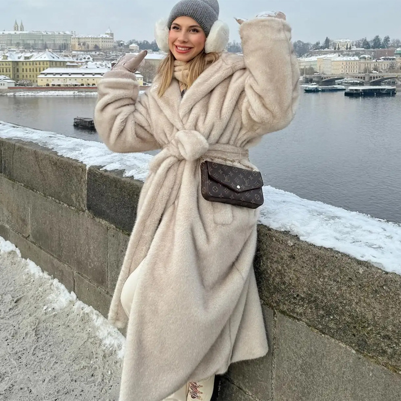 Women's long hooded faux fur coat, brand name, mink fur coat, soft and eco-friendly fur coat.