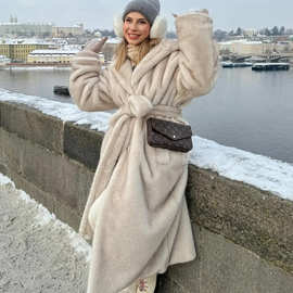 秋冬连帽仿皮草外套女长款品牌水貂绒皮草大衣柔软环保皮草外套