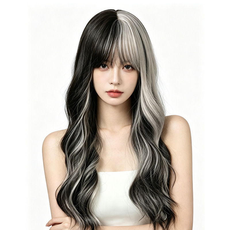 Highlighted wig with black and white contrasting colors, 2026 autumn new model, full wig with layered look, popular online trend, long curly hair, manufacturer Highlighted wig with black and white contrasting colors, 2026 autumn new model, full wig with layered look, popular online trend, long curly hair, manufacturer
