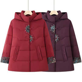 妈妈冬装厚棉服国风绣花连帽棉衣服阔太太高贵奶奶外套一件代发