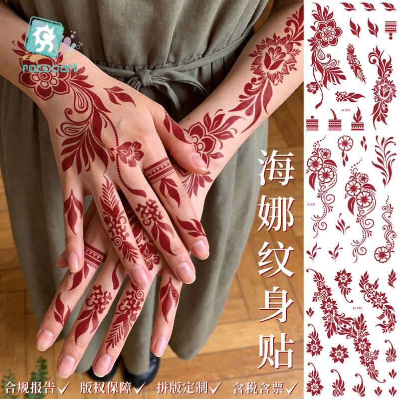 New Cross-Border Red Henna Lace Tattoo Stickers with a High-End Feel, Realistic Temporary Tattoo Stickers for the Back of the Hand, Indian Style, in Stock