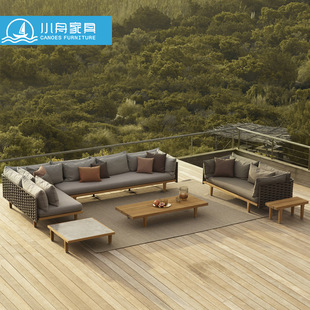 Outdoor Leisure Sofa Courtyard Garden Rattan Solid Wood Designer Sofa Bed Combination Anticorrosive Wood Teak Furniture