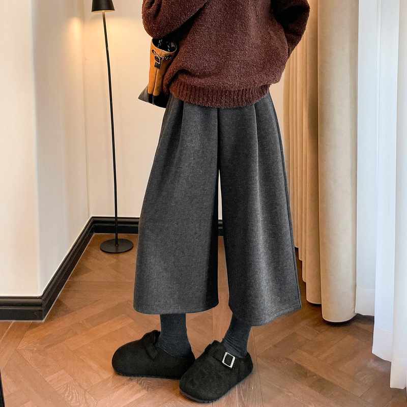 Woolen Wide-Leg Pants for Women, Spring, Autumn, and Winter 2026 New Style, Herringbone Pattern, Cropped Length for Petite Figures, Trendy Wool Pants