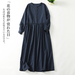 現物2025日系レトロ衝突色格子長袖ワンピース女性秋減齢ゆるいスカートカジュアルロングスカート