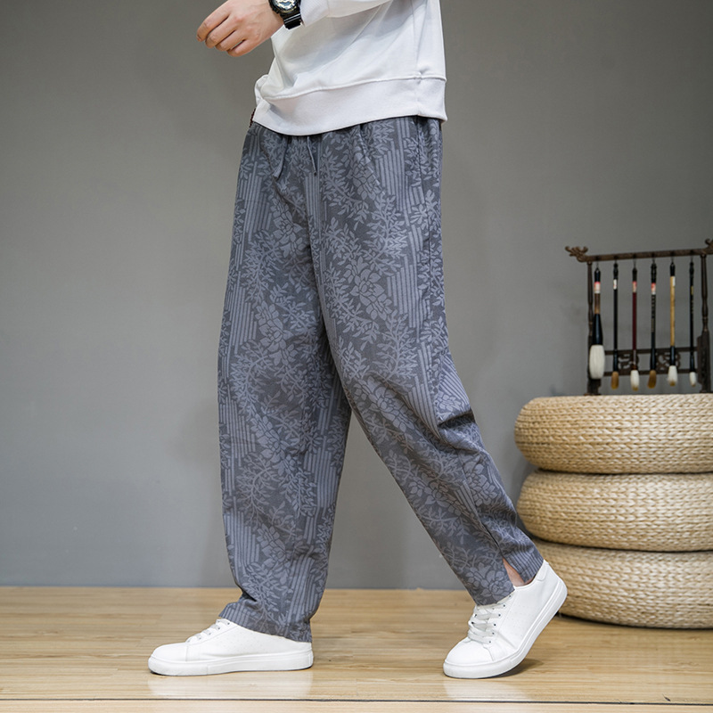 2025 Spring and Summer Men's Cotton and Linen Jacquard Pants with Slit Straight Casual Pants Cross-Border Youth Mid-Waist Lace-Up Pants