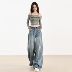 窄版阔腿牛仔裤女夏季2025潮流百搭新款高腰宽松浅色拖地直筒裤子