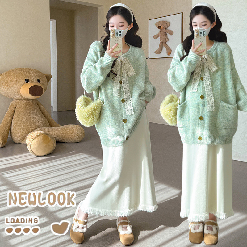 Internet Celebrity Maternity Wear Autumn and Winter New Korean Style Loose Lace-Up Bow Sweater Jacket Skirt Slimming Suit