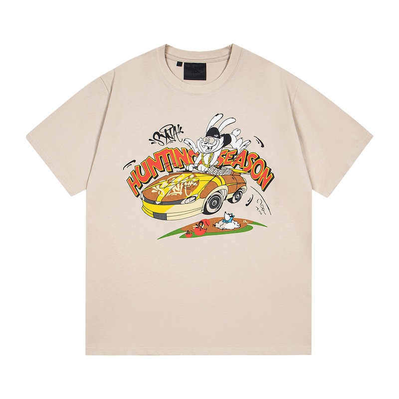 Cross-Border Exclusive Trendy Brand Synaworld Hunting Season Letter Rabbit Print Double Yarn Pure Cotton Unisex Short-Sleeve T-Shirt