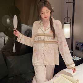定制加工春秋款冰丝网红睡衣女薄款休闲印花甜美家居服套装慵懒风
