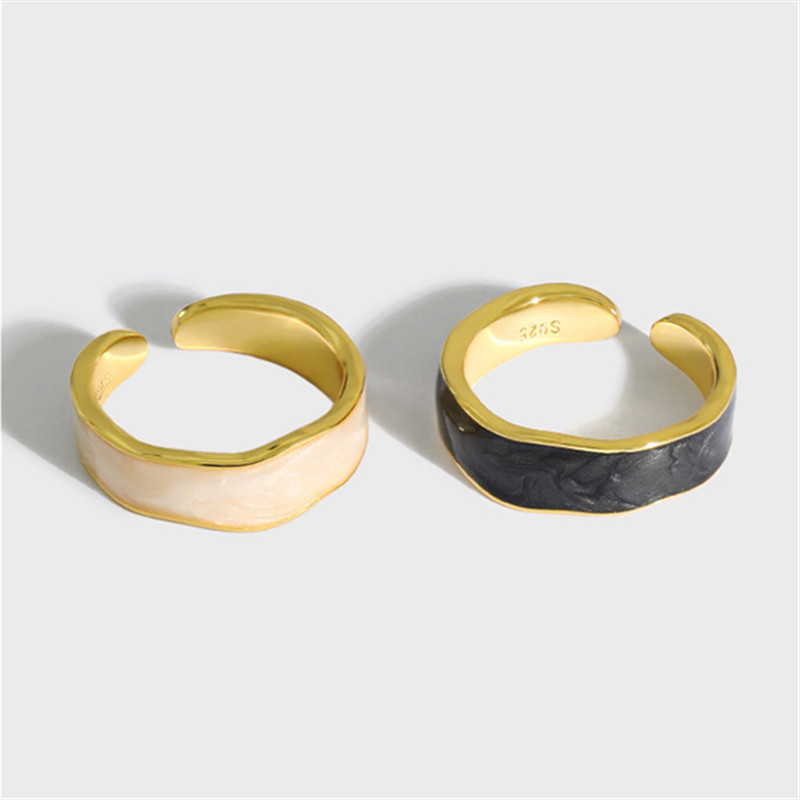 European and American simple black and white epoxy ring open women's trendy wave concave metal ring cold style jewelry wholesale