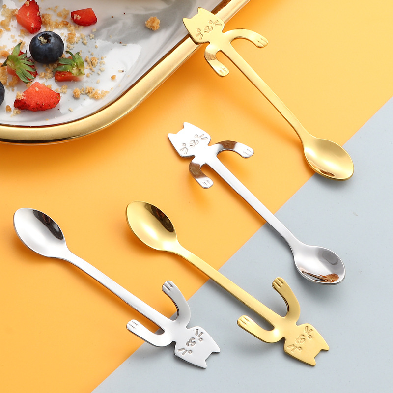 Cuchara de acero inoxidable 304 taza de dibujos animados creativa cuchara de café cuchara de gato colgante chapado en oro cuchara de helado de postre batido