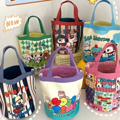 かわいいイラストプリントバケツバッグハンドバッグキャンバスバッグ少女心ママバッグ弁当袋出勤バッグ
