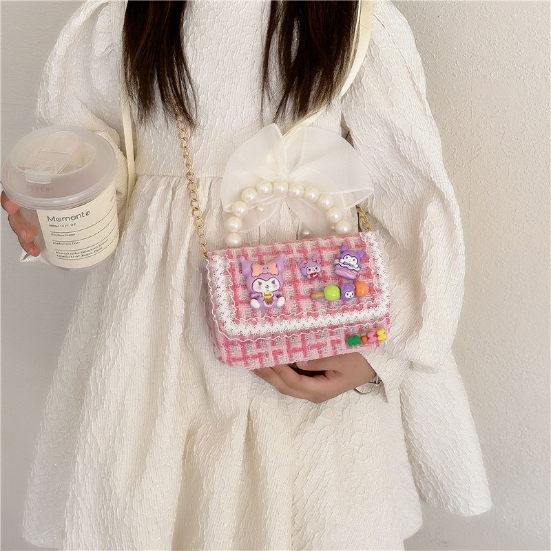 Bolsos de hombro para niños de estilo femenino de moda de dibujos animados de perlas bolsos portátiles para niños de cadena simple pequeña princesa bolsos de tramo oblicuos