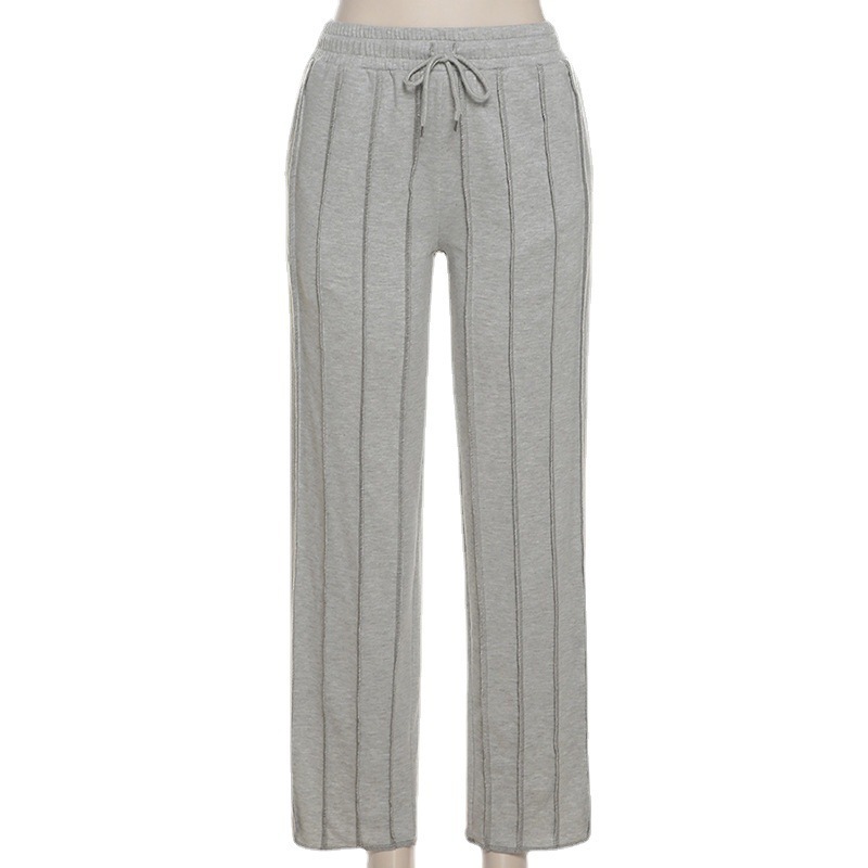Women’s High-Waisted Striped Sweatpants – Retro Straight-Leg Joggers With Drawstring (Cotton-Polyester Blend, Grey/Black/Beige, S/M/L, Loose Fit)_voghion.com