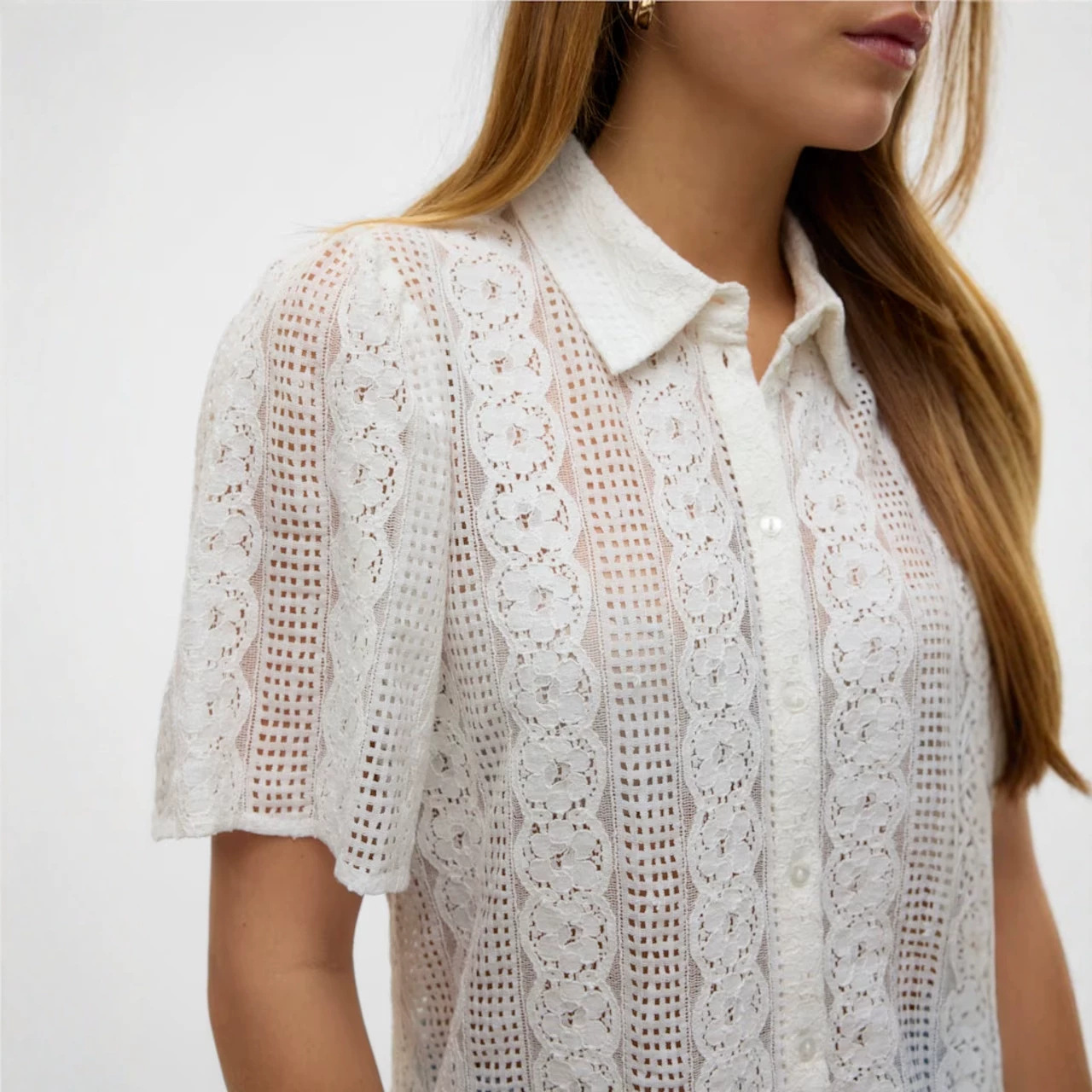 Camisas de encaje de algodón transpirables francesas de mangas cortas de verano nuevas elegantes de comercio exterior europeo y americano