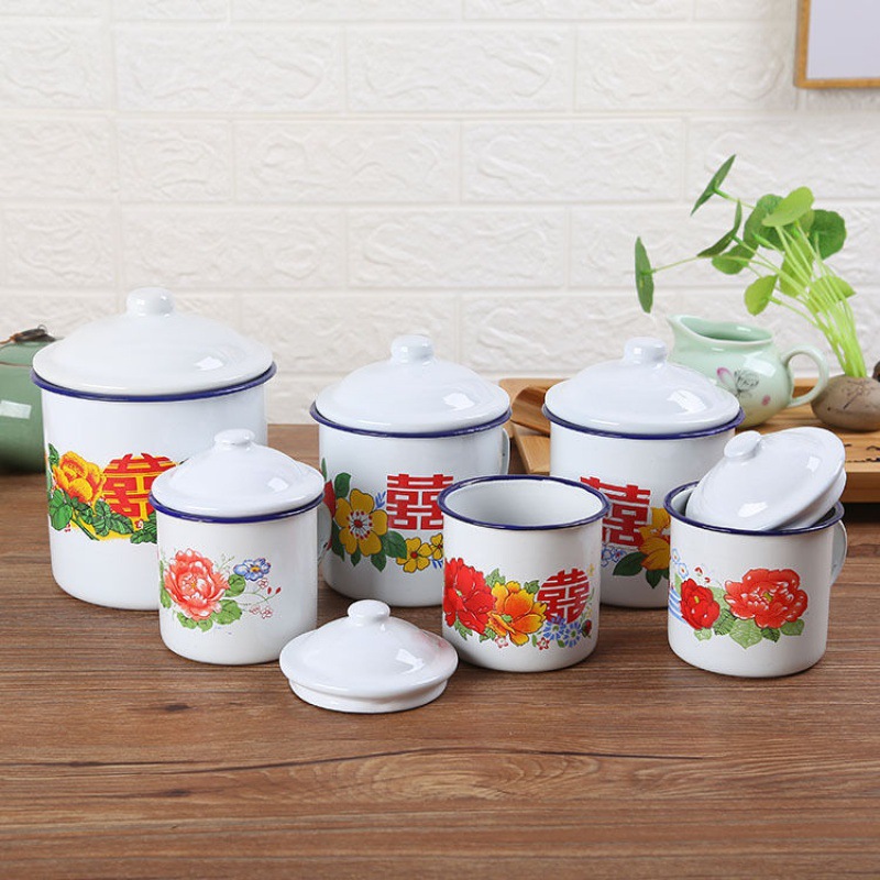 Esmalte retrógrado nostálgico taza con cubierta taza de agua de gran capacidad para chicos viejos jarros de té clásicos viejos cuadros taza de té