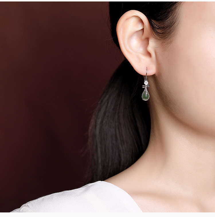 Khuyên tai bạc S925 mạ vàng đính ngọc bích hình hươu phong cách dân tộc — Kiểu màu bạc chi tiết 6