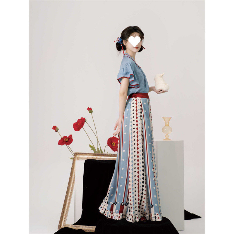 Rabbit Dreamland Chinese Style Improved Hanfu Women's Summer New Square Neck Short Sleeve Jacket with Han Elements and Vintage Skirt Set