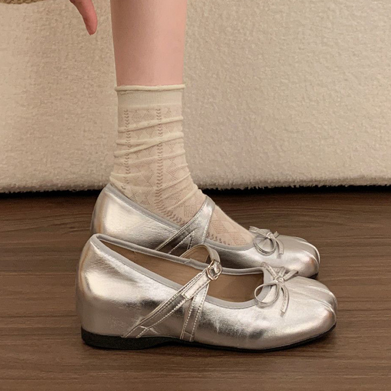 Inner Height-Increasing Silver Single Shoes for Women, 2026 New Spring/Summer Style, Suitable for Pairing with Skirts, Mary Jane Small Leather Shoes, Ballet Style Evening Shoes